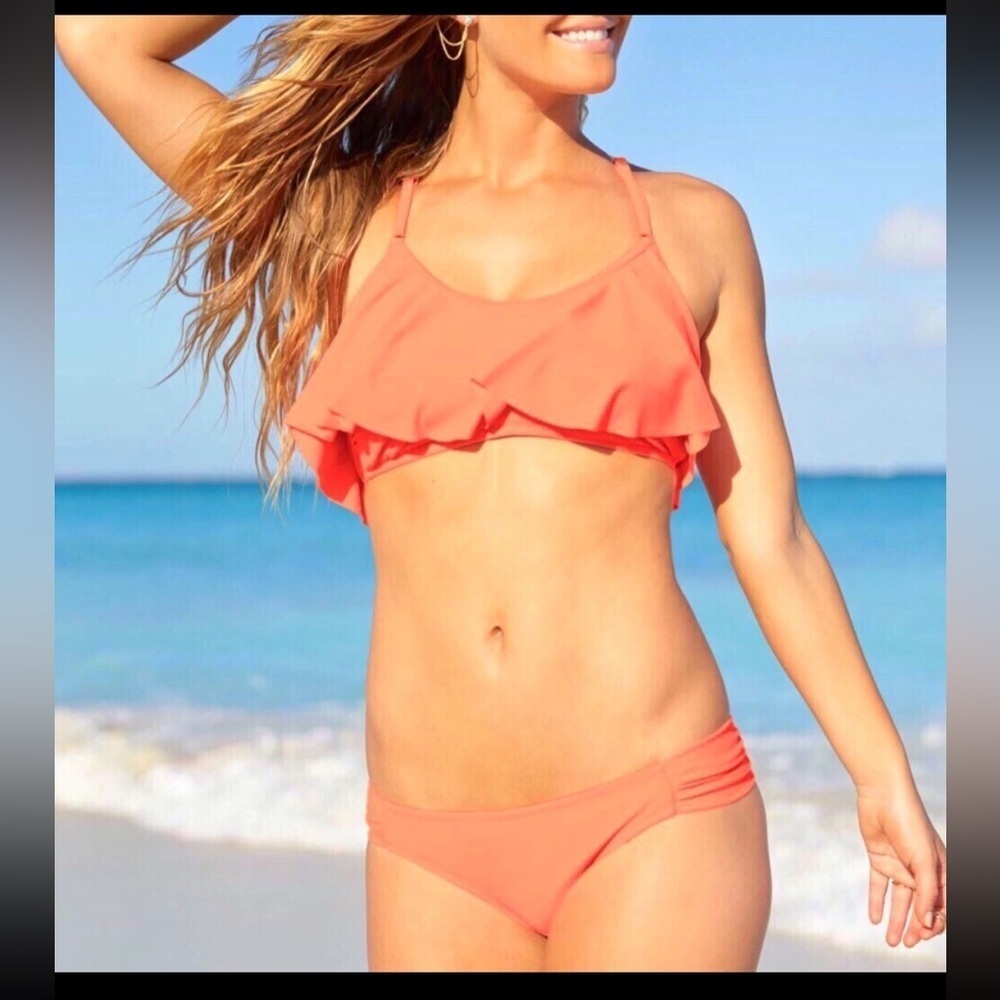 Jessica Simpson Two Piece Cami Flounce Fancy Back Bikini Swimsuit Peach. Size M